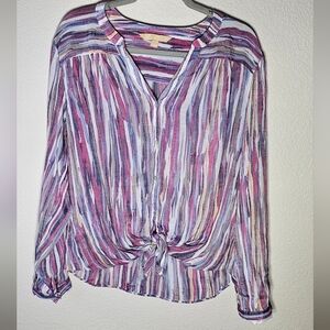 Hope & Harlow Mulit-Color Stripped Sheer Lightweight sz L Abstract Print Blouse